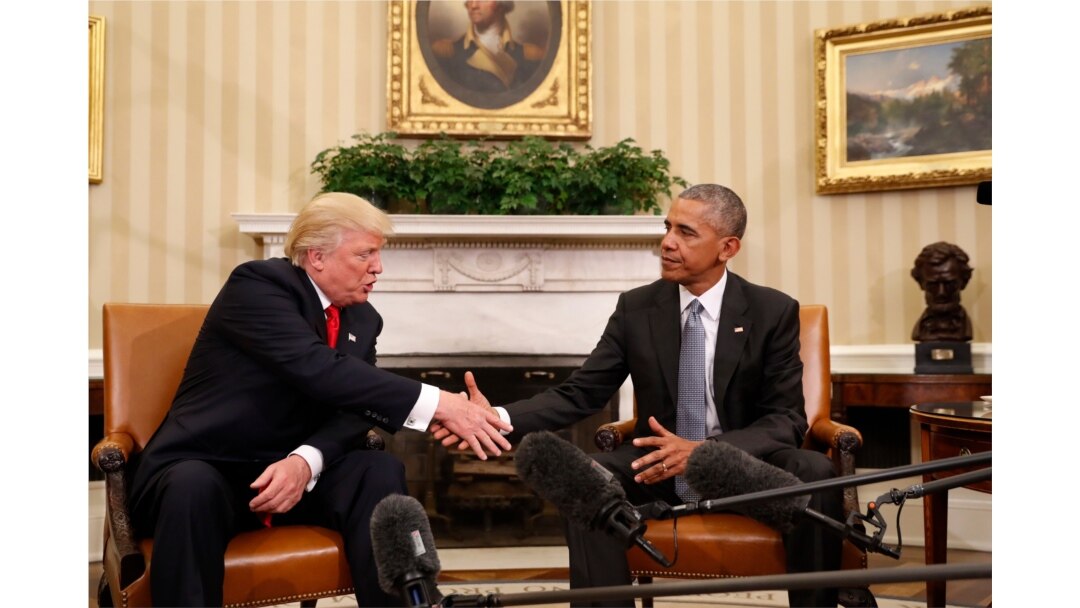 FILE - President Barack Obama shakes hands with President-elect Donald Trump in the Oval Office of the White House in Washington, Nov. 10, 2016.