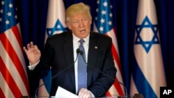 U.S. President Donald Trump talks during a briefing after his meeting with Israeli Prime Minister Benjamin Netanyahu in Jerusalem, May 22, 2017. 