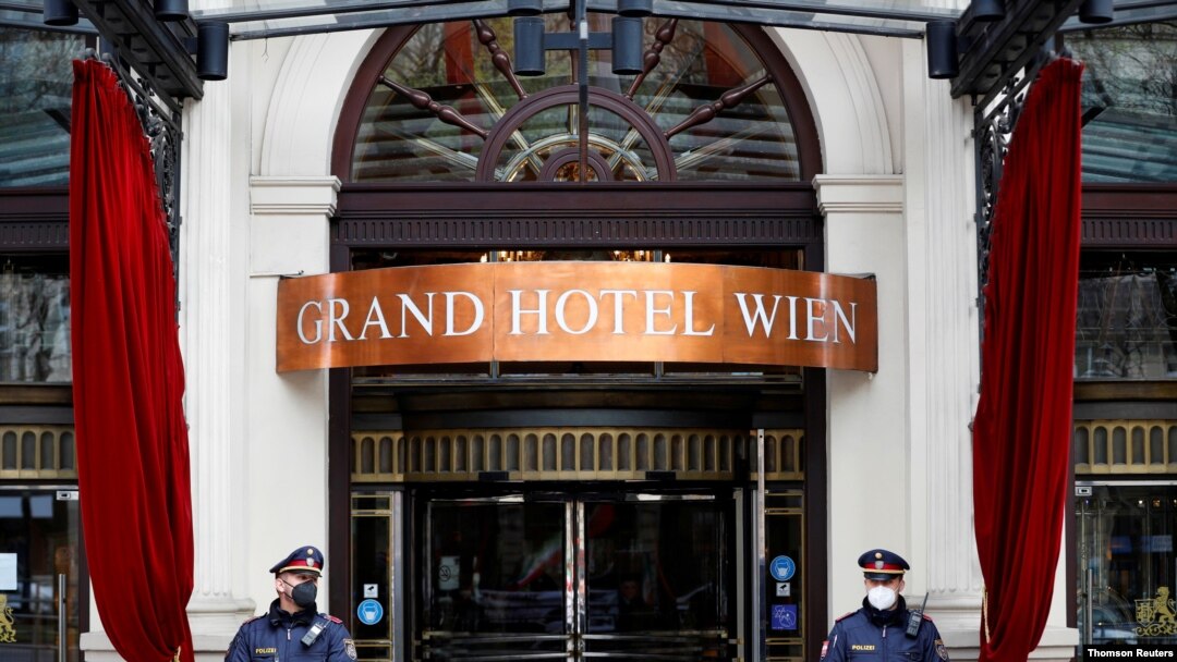 Police stand outside a hotel where a meeting of the Joint Commission of the Joint Comprehensive Plan of Action (JCPOA), or Iran nuclear deal, is held in Vienna, Austria, May 11, 2021.