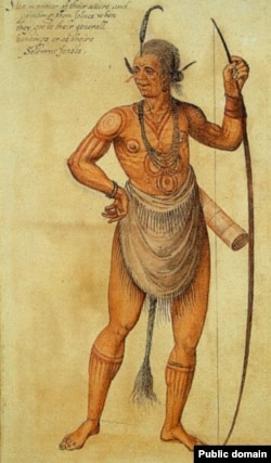 Watercolor portrait of an Algonquin chief in the village of Secotan, in N.C., painted by John White in 1585.