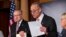 From left, Senate Majority Leader Harry Reid of Nev., Sen. Charles Schumer, D-N.Y., and Senate Budget Committee Chair Sen. Patty Murray, D-Wash., announce that President Barack Obama has invited the top leaders in Congress to meet with him at the White Ho
