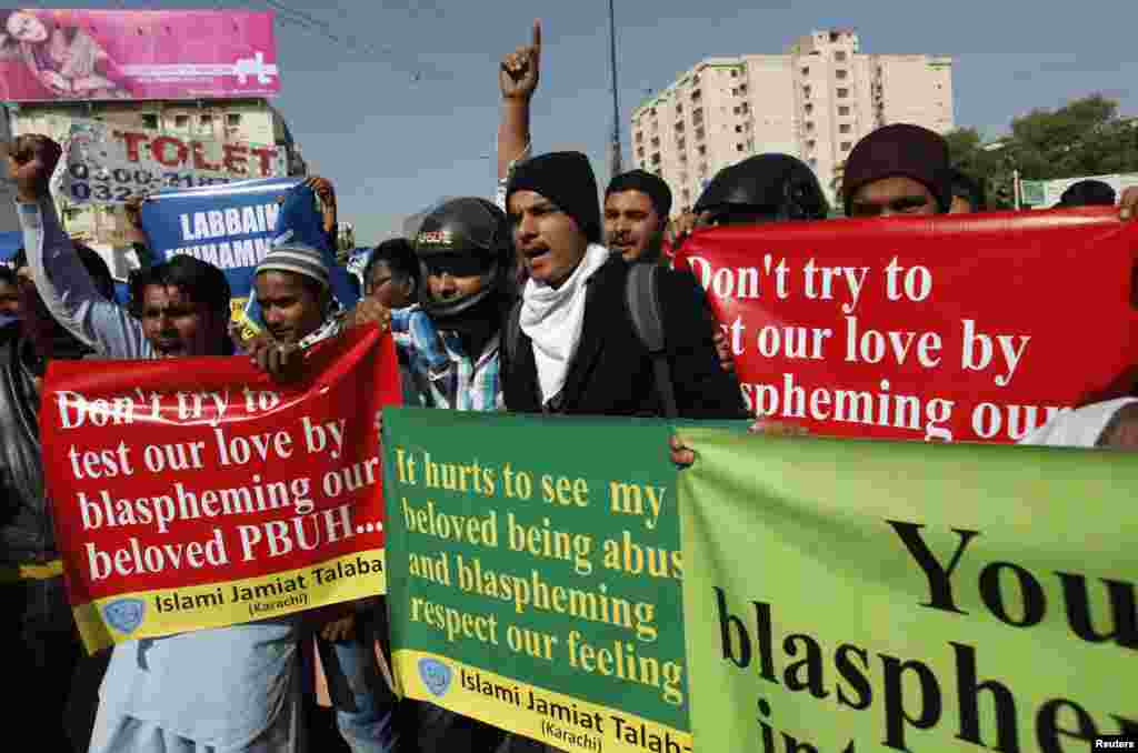 Supporters of Jamiat Talaba Islam (JTI), the student wing of religious political party Jamat Islami (JI), chant slogans during a protest against satirical French weekly Charlie Hebdo, which most recently featured a cartoon of the Prophet Muhammad on the cover, Karachi, Pakistan, Jan. 16, 2015.