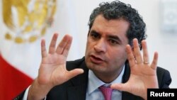 FILE - Federal Electricity Commission (CFE) chief executive Enrique Ochoa gestures during an interview with Reuters in Mexico City, May 19, 2014.  