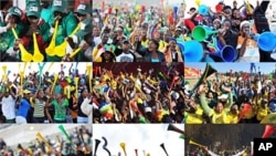 A combination of pictures shows supporters from various countries playing vuvuzela horns during the 2010 FIFA World Cup in South Africa