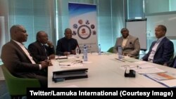 Banda G. ti D. : Martin Fayulu, Antipas Mbusa, Adolphe Mozito, Jean-Pierre Bemba na Moïse Katumbi, na bokutani ya lingomba Lamuka na Bruxelles, Belgiques, le 26 avril 2019. (Twitter/Lamuka International)