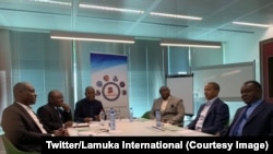 De gauche à droite : Martin Fayulu, Antipas Mbusa, Adolphe Muzito, Jean-Pierre Bemba, Moïse Katumbi et Freddy Matungulu, lors d'une rencontre de la coalition Lamuka à Bruxelles, Belgique, le 26 avril 2019. (Twitter/Lamuka International)