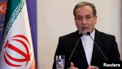 Iranian Foreign Minister Araqchi speaks during a press conference in Istanbul