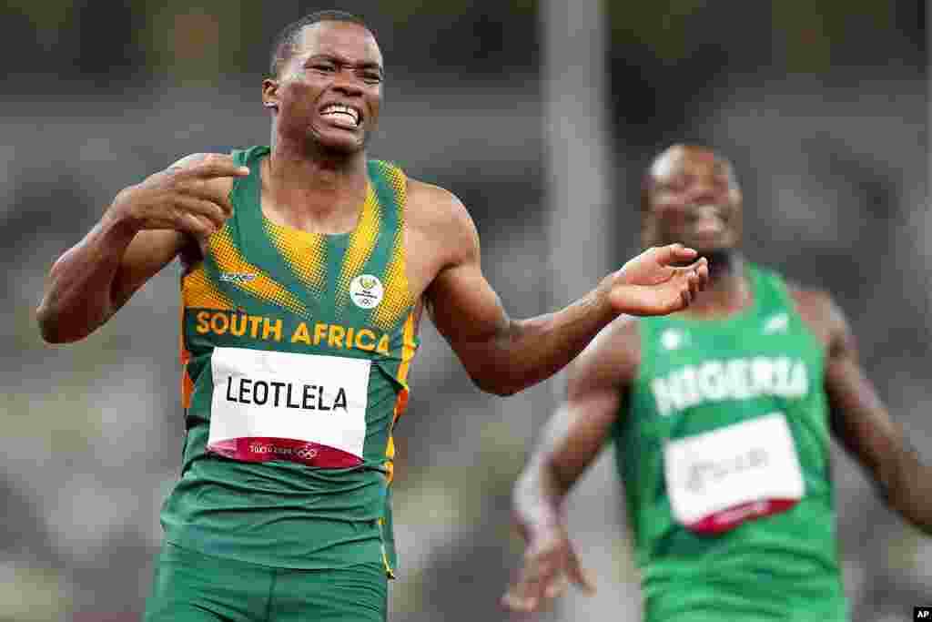 Gift Leotlela, of South Africa, reacts after a men&#39;s 100-meter semifinal at the 2020 Summer Olympics, Sunday, Aug. 1, 2021, in Tokyo. (AP Photo/Petr David Josek)