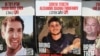 This combination of photos shows posters of three Israeli hostages held by Hamas in the Gaza Strip since Oct. 7, 2023: Sagui Dekel Chen, Sasha Troufanov and Iair Horn. The three are expected to be released on Feb. 15, 2025.