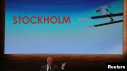 On Oct. 9, 2018, Juan Antonio Samaranch Jr, Vice-President of the International Olympic Committee, speaks as he presents Stockholm as candidate city to host the 2026 Winter Olympics during the 133rd IOC session in Buenos Aires, Argentina.