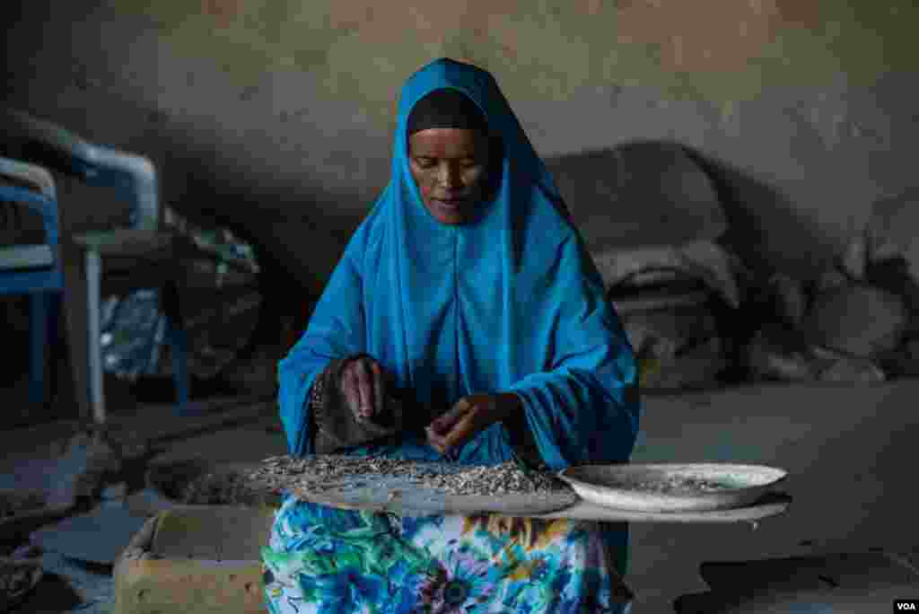 Luul Sait Chama sorts different types of frankincense gum in Erigavo, Somaliland, Aug. 3, 2016. (J.Patinkin/VOA)