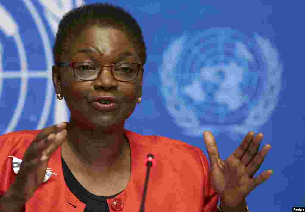 Valerie Amos speaking at a news conference on Ebola at the United Nations in Geneva, Sept. 16, 2014.