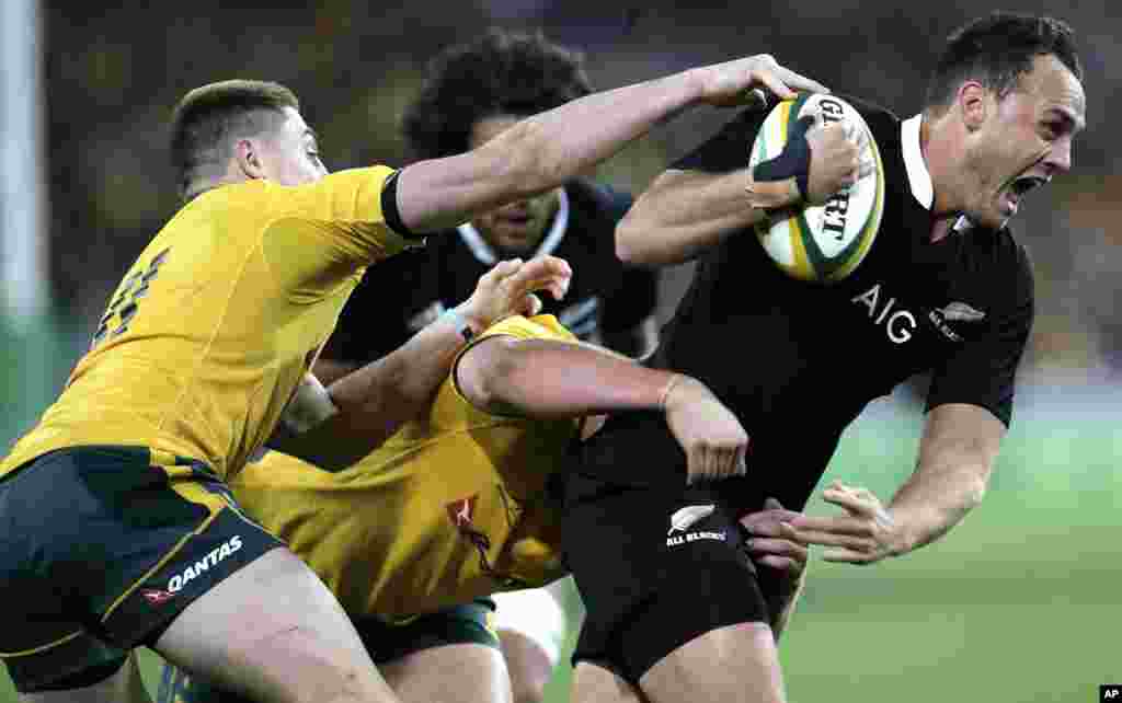 Israel Dagg dari Selandia Baru dihalangi oleh James O&#39;Connor (kiri) dan Ben Alexander dari Australia dalam pertandingan rugby PIala Bledisloe di Sydney, Australia.