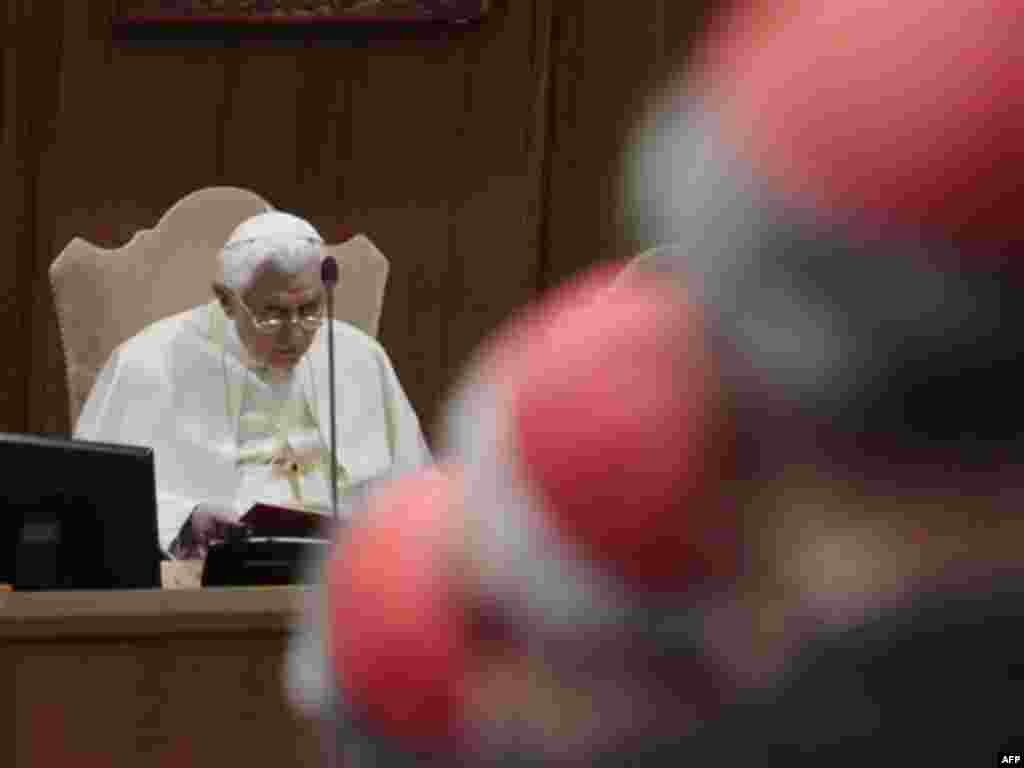 Pope Benedict XVI meets with Cardinals and Bishops in the Synod hall at the Vatican, Friday, Feb. 17, 2012. The Pontiff is scheduled to name 22 new Cardinals in a Consistory, Saturday Feb. 18, at the Vatican. (AP Photo/Gregorio Borgia)