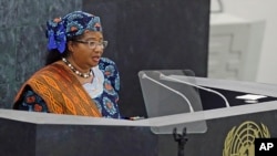 FILE - Malawi President Joyce Hilda Mtila Banda addresses the 68th session of the United Nations General Assembly.