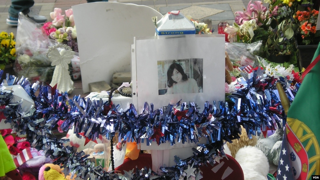 A temporary memorial for Chinese student Lu Lingzi was established in Boston's Copley Square shortly after her death.