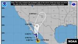 The cone shows the probable path of the center of tropical storm Bud, June 13, 2018.