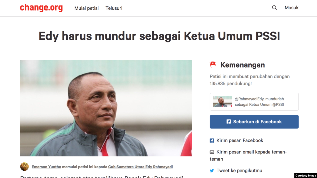 Petisi "Edy Harus Mundur" mencapai kemenangan setelah didukung 135 ribu orang. Petisi ini dibuat sejak Edy terpilih menjadi Gubernur Sumatera Utara pertengahan 2018.