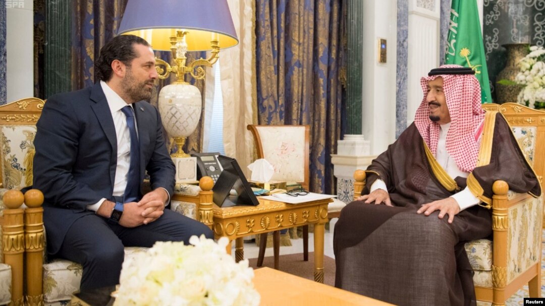 Saudi Arabia's King Salman bin Abdulaziz Al Saud meets with former Lebanese Prime Minister Saad al-Hariri in Riyadh, Saudi Arabia, Nov. 6, 2017.