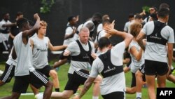 Wayne Rooney, yang bermain untuk DC United, bergabung dalam sesi latihan di Stadion Robert F. Kennedy Memorial di Washington DC, 6 Juli 2018.(AFP/Mandel Ngan)