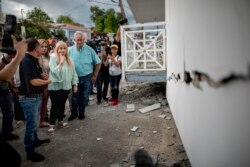 Governor Wanda Vazquez inspect an earthquake-damaged house in Guanica, Puerto Rico, Monday, Jan. 6, 2020. A 5.8-magnitude quake hit Puerto Rico before dawn Monday, unleashing small landslides, causing power outages and severely cracking some homes. …