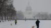 Orang-orang berjalan-jalan dengan anjingnya di sepanjang National Mall saat salju turun selama badai musim dingin di Washington, D.C., 6 Januari 2025.