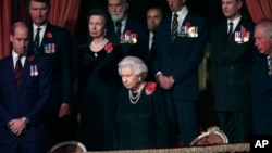 Britain's Queen Elizabeth attends the Royal British Legion Festival of Remembrance at the Royal Albert Hall in London, Saturday, Nov. 10, 2018. 