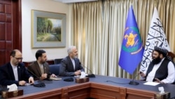 Taliban acting Minister of Refugees and Repatriation Affairs Mawlawi Abdul Kabir, far right, meets Iranian ambassador Alireza Bekdali, 3rd from left. (Photo issued by the Afghan Taliban's Ministry of Refugees and Repatriation Affairs on X)