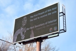 FILE - A billboard displays support for New Mexico U.S. Rep. Deb Haaland, who has been nominated to lead the U.S. Department of the Interior, in Billings, Montana, Feb. 21, 2021.