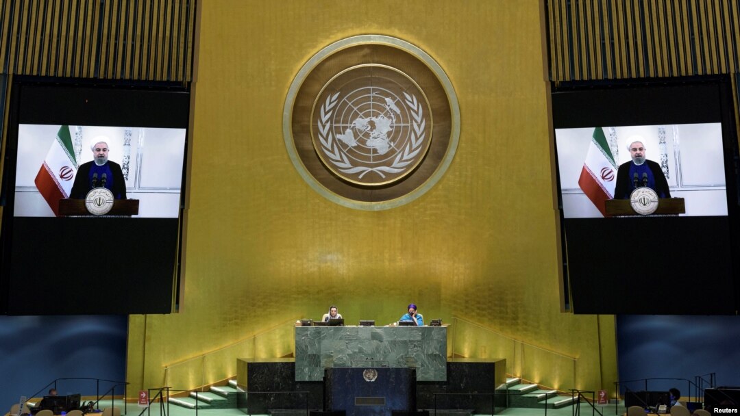 Presiden Iran Hassan Rouhani dalam pidato di hadapan Sidang Umum PBB ke-75 yang dilakukan secara virtual karena pandemi virus corona, di New York, Selasa, 22 September 2020. (Foto: Reuters)