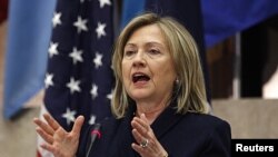 US Secretary of State Hillary Clinton addresses the Washington Conference on the Americas at the State Department in Washington, May 11, 2011.