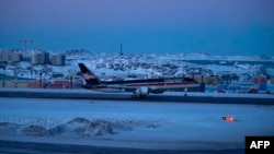 This photo taken from video on Jan. 7, 2025, shows an aircraft said to be carrying U.S. President-elect Donald Trump's son Donald Trump Jr. as it arrives in Nuuk, Greenland. (Mads Madsen Arctic Creative/Ritzau Scanpix via AFP)