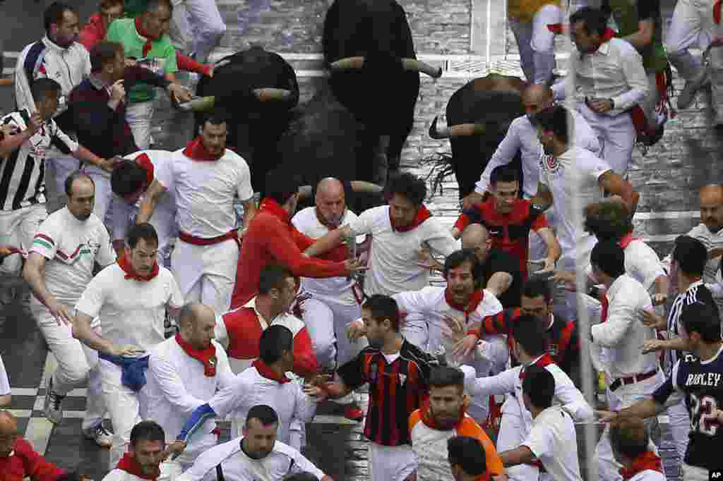 Jandilla fighting bulls run after revelers during the Running of the Bulls at the San Fermin festival in Pamplona, Spain. Revelers from around the world arrive in Pamplona every year to take part in eight days of festivities.