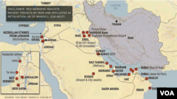 미국과 이스라엘의 이란에 대한 군사 작전 개시 후 이란에 주변국에 보복을 가하고 있다. 사진에는 2일 현재까지 이란의 보복을 받은 지역이 표시되어 있다.