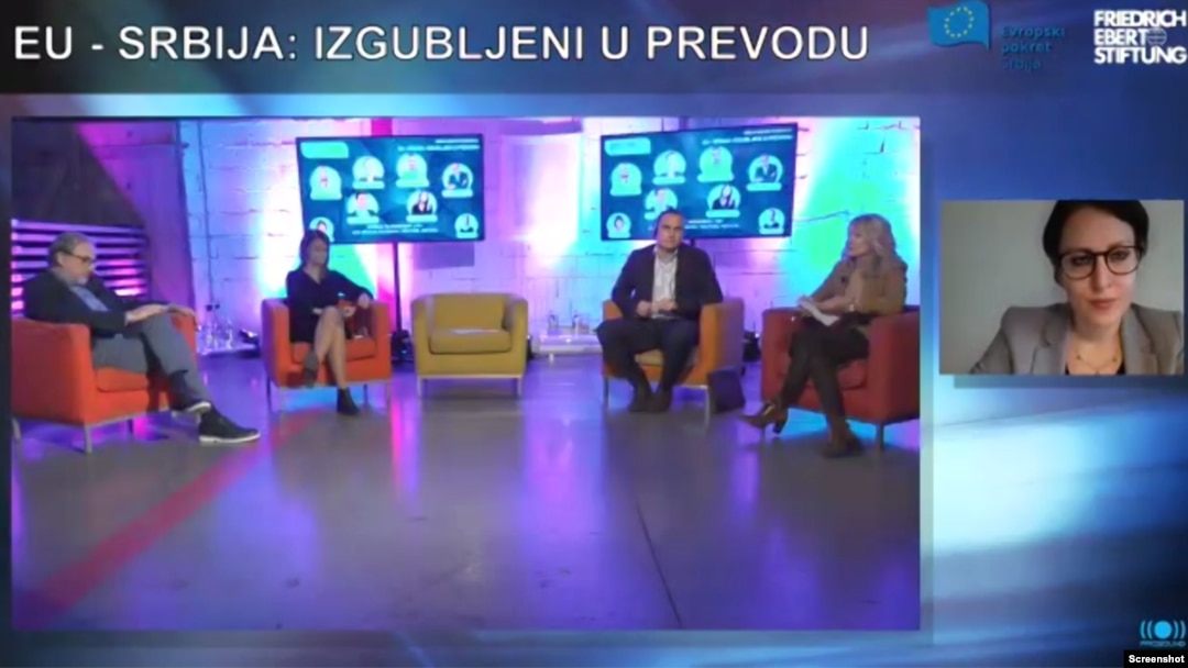 Učesnici mešane uživo-onlajn rasprave "EU - Srbija: Izgubljeni u prevodu" u organizaciji Evropskog pokreta u Srbiji (EMiS), u Beogradu, 16. novembra 2021. (Foto: Screenshot)