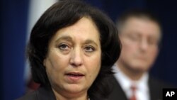 FILE - Drug Enforcement Administration chief Michele Leonhart, pictured in 2012, has drawn criticism for her response to a report alleging that agents attended sex parties with prostitutes.