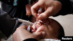 A health worker administers polio vaccination to a child in Raqqa, eastern Syria, Nov.18, 2013.