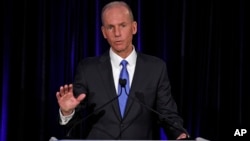 Boeing Chief Executive Dennis Muilenburg speaks during a news conference after the company's annual shareholders meeting at the Field Museum in Chicago, April 29, 2019. 