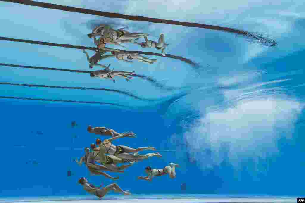 Canada&#39;s team competes in the team technical artistic swimming event during the 2019 World Championships at Yeomju Gymnasium in Gwangju, China.