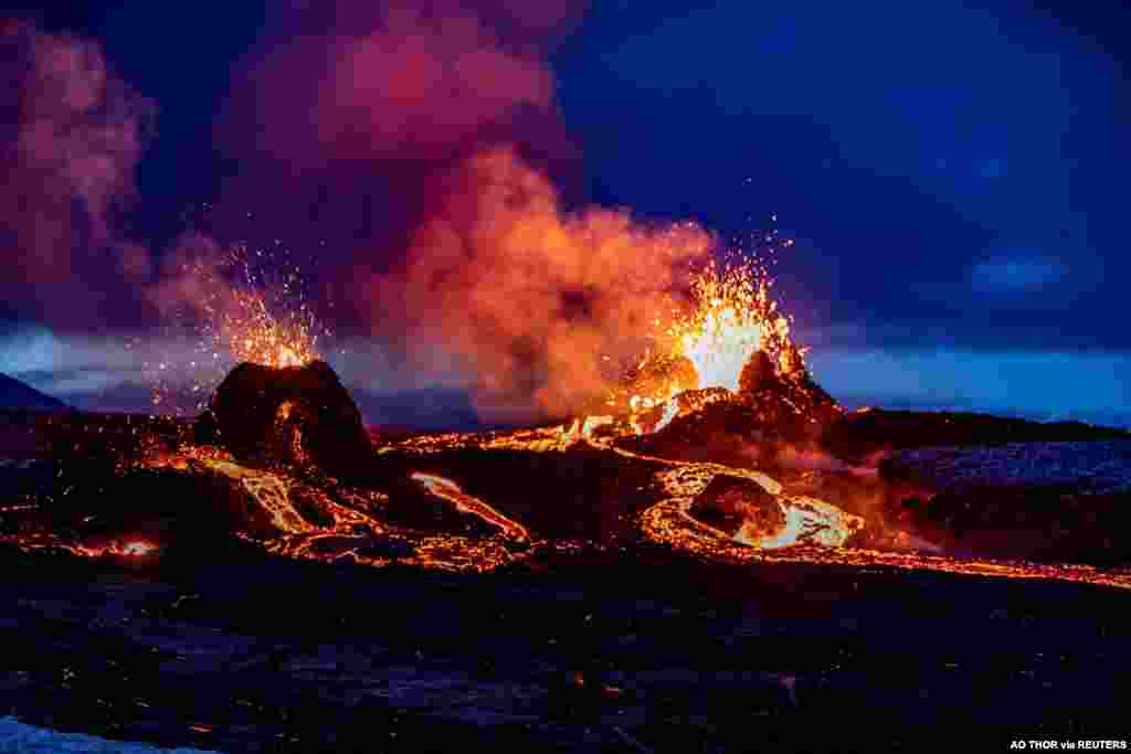 Lava oozes from new fissures at the Fagradalsfjall volcano, Reykjanes Peninsula, Iceland, in this picture obtained from social media. (Credit: Ao Thor)