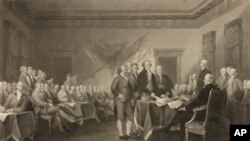 This image shows an 1876 engraving titled "Declaration of Independence, July 4th, 1776" made available by the Library of Congress. 