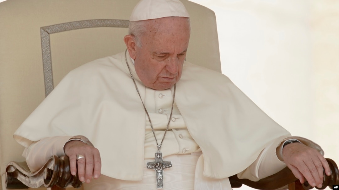 Pope Francis sits during his weekly general audience, at the Vatican, Aug. 29, 2018.