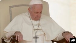 Pope Francis sits during his weekly general audience, at the Vatican, Aug. 29, 2018.