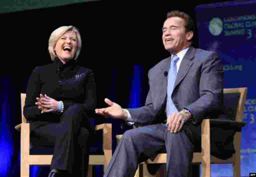 Anne Thompson, Chief Environmental Affairs Correspondent for NBC news laughs at a light-hearted comment made by Gov. Arnold Schwarzenegger during the second day of the Governor's Global Climate Summit 3 held at the University of California, Davis, in Davi