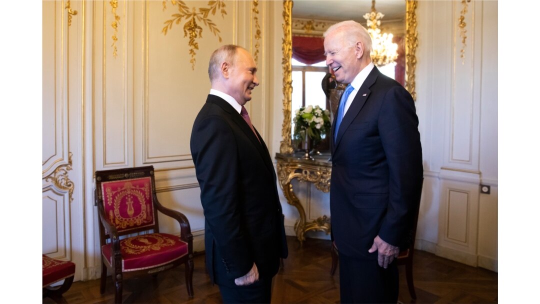 Russian president Vladimir Putin, left, talks with US president Joe Biden, right, during the US - Russia summit in Geneva, Switzerland, June 16, 2021.
