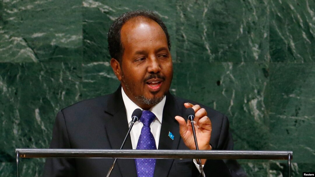 FILE - Hassan Sheikh Mohamud, Somalia's president, addresses the U.N. General Assembly in New York, Sept. 26, 2014.