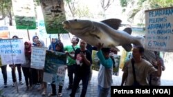 Aksi di BKIPM Surabaya 13 Juli 2018 mendesak langkah penegakan hukum terhadap pemilik dan pelepas ikan arapaima ke sungai Brantas-2. (Foto:VOA/Petrus Riski).