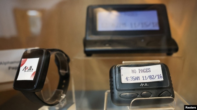 Pagers on display at a meeting room at the Gold Apollo company building in New Taipei City, Taiwan, Sept. 18, 2024.