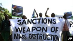 Zimbabwe's ruling party ZANU-PF war veterans march past the US Embassy holding placards condemning sanctions against their government in Harare, Zimbabwe, Apr 23, 2010 (file photo)