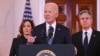 US President Joe Biden, alongside Vice President Kamala Harris (L) and Secretary of State Antony Blinken (R), speaks about the Israel-Hamas ceasefire and hostage release deal in the Grand Foyer of the White House on January 15, 2025.